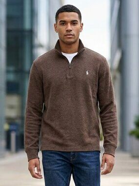 Polo Ralph Lauren 1/4 Zip Sweater Large Brown Designer Pullover Academia Gorp